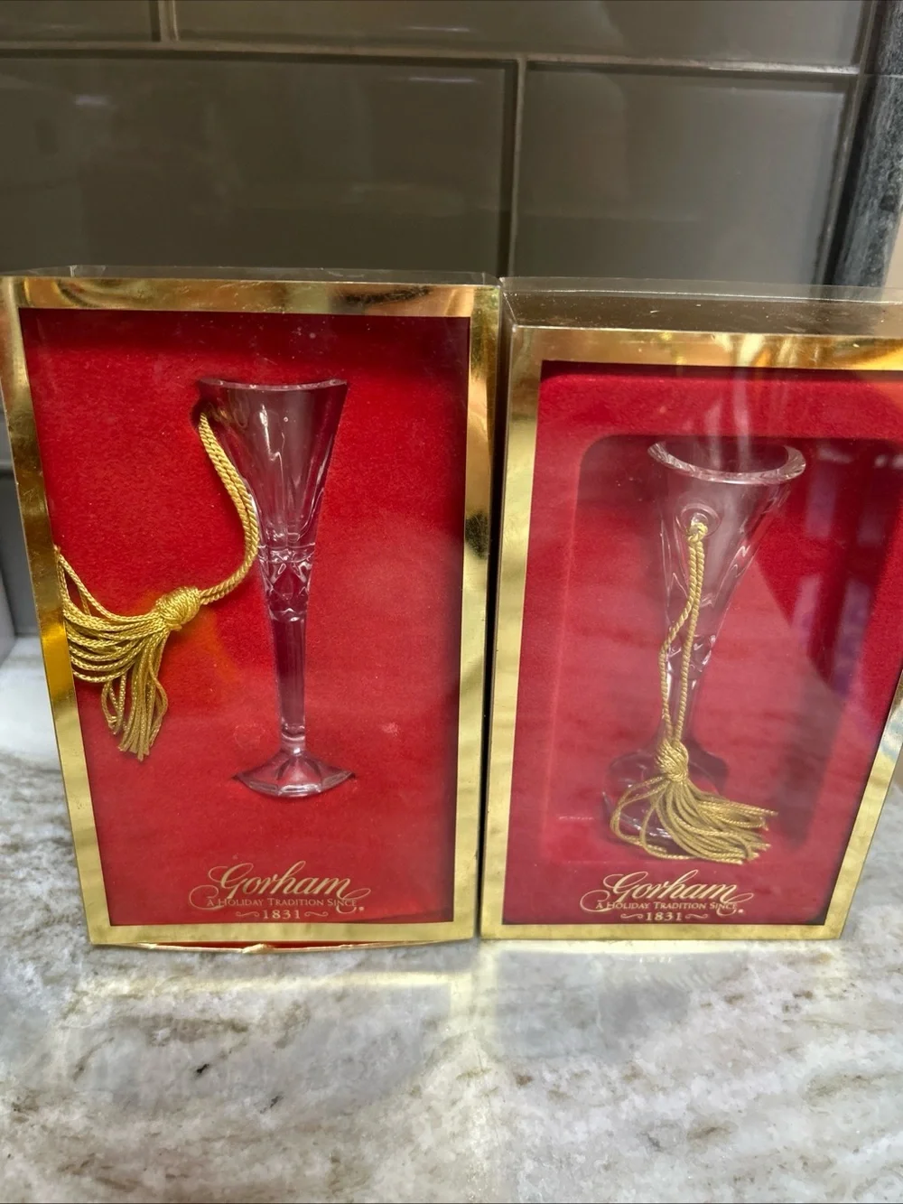 2 Gorham Crystal Lady Anne Ornament Miniature Champagne Flute Gold Tassel New